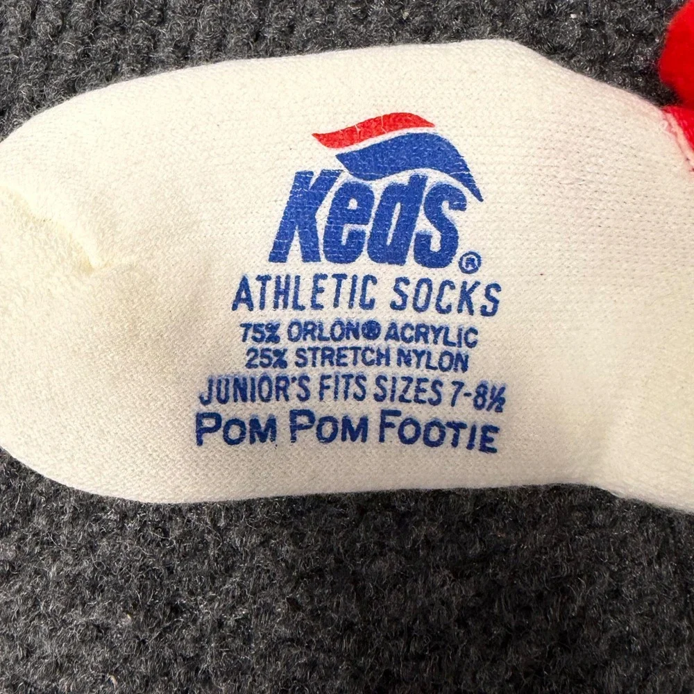Vintage Keds Pom Pom Footie Athletic Socks White Red Juniors Fits Sizes 7-8.5